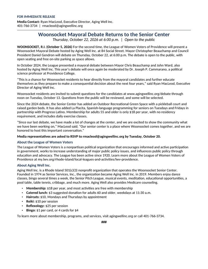 Press release, Woonsocket Mayoral Debate Returns to the Senior Center